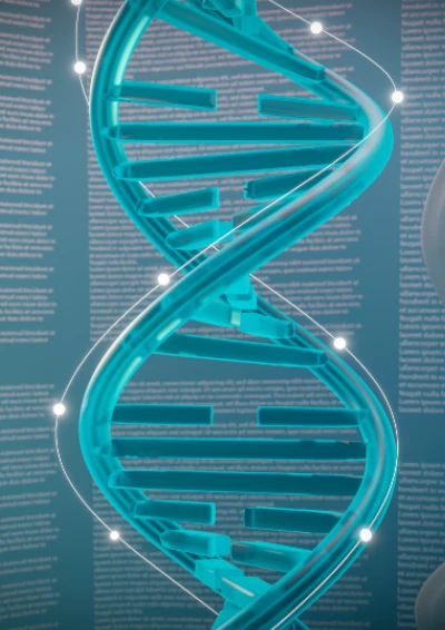 Vue d'une chaine d'ADN élliptique en 3D avec des lignes de textes en arrière plan